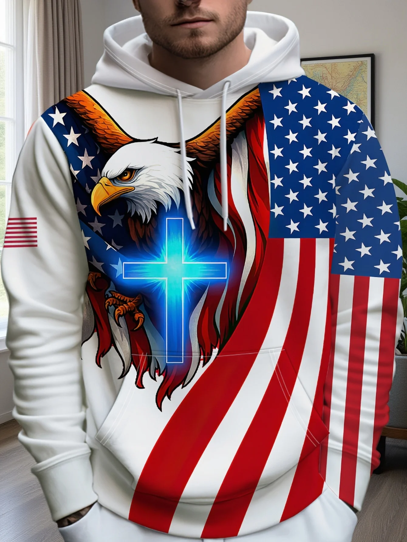 Men Women USA Eagle Cross Hoodie American Flag Patriotic Print Casual Pullover Hooded Sweatshirt Hip Hop Sport Streetwear Tops