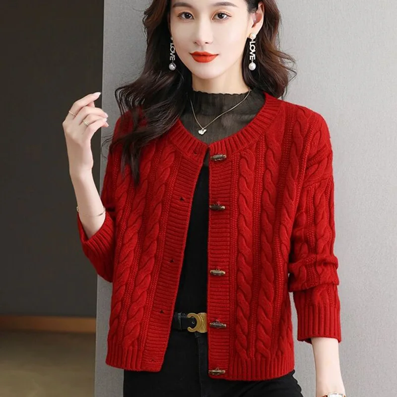 Women Clothing Vintage Elegant Knitted Cardigan Autumn Winter Chic Button Sweaters Fashion Loose O-neck Commute Tops