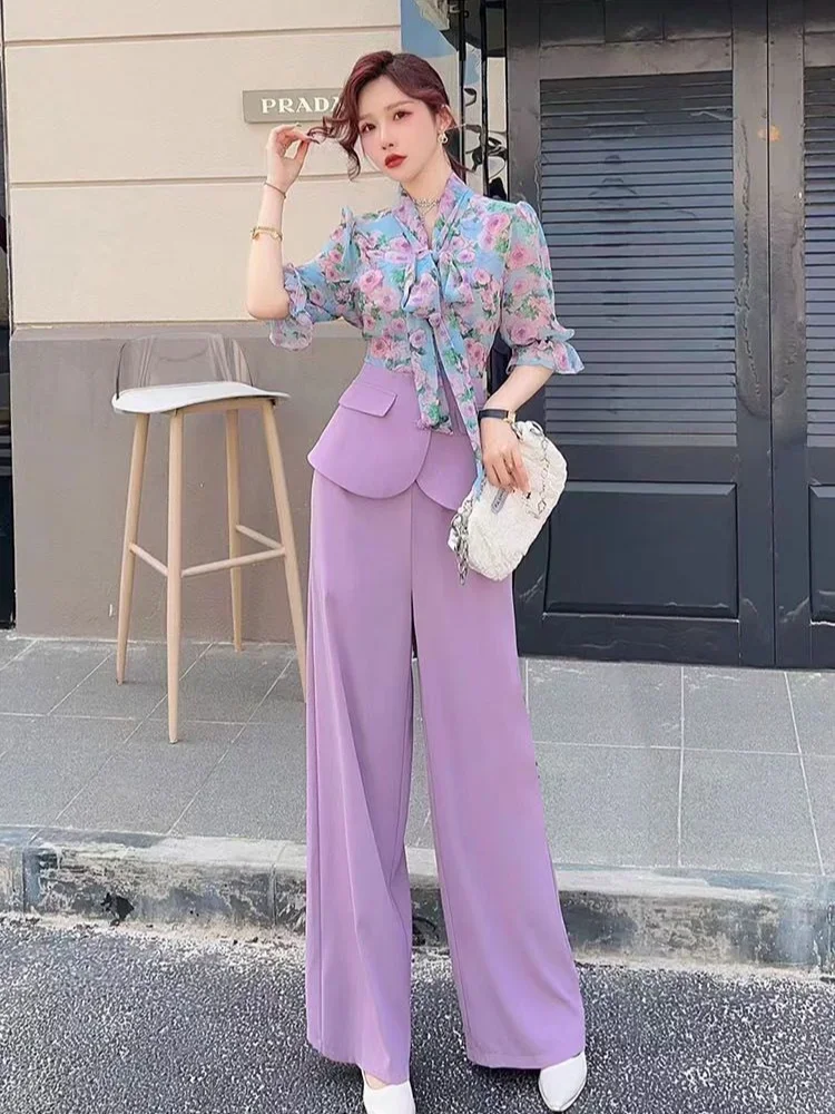 Women\'s Pants Two Piece Set Summer 2024 Wide Leg Ladies Trouser Green Splicing Wholesale Bulk with Sleeve New in Matching Groups