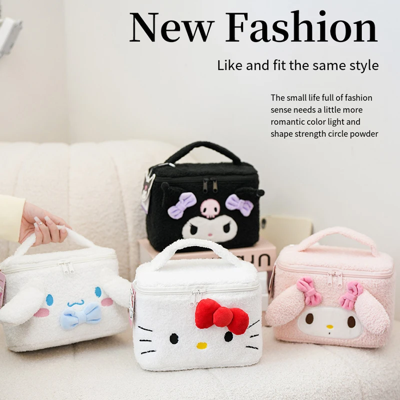 Sanrios Three-Dimensional Cosmetic Bag Cartoon Kawaii Anime Figure Cosmetic Storage Bag Large Capacity Velvet Portable Light