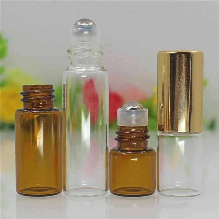 50pcs Amber Glass Roll on Bottle Sample Test Essential Oil Perfume Vials with Roller Metal Ball Refillable Bottles Containers