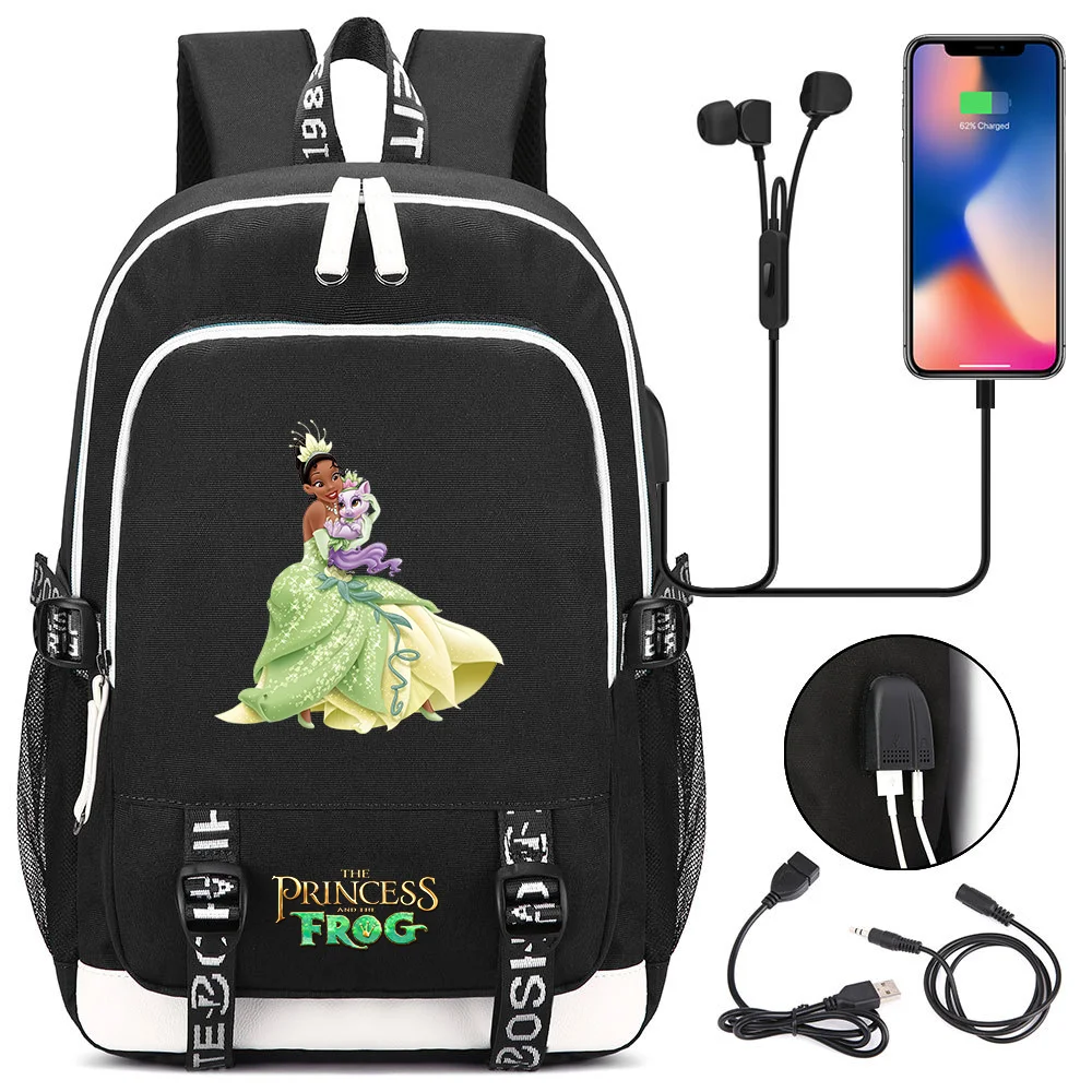 

MINISO The Princess and the Frog Backpack Boys Girls USB Charging Laptop Backpack Cartoon Students Book Bag Travel Mochila