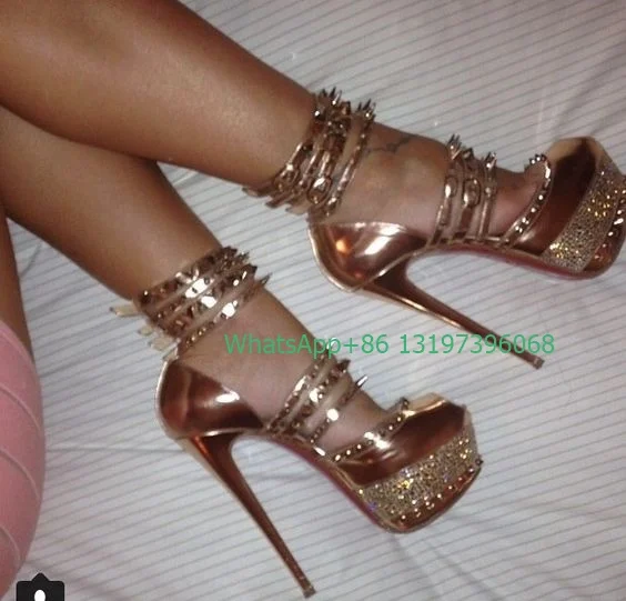 Lady platform gold rivet stud design sandals peep toe metal stud party dance dress sexy high heels bling rhinestone demand pumps