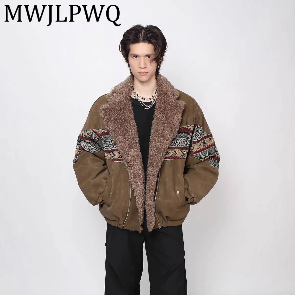 

MWJLPWQ American Retro Suede Wool Collar Cotton Jacket Men's High Street Winter Long Sleeve Casual Warm Couple Niche Coat 21853