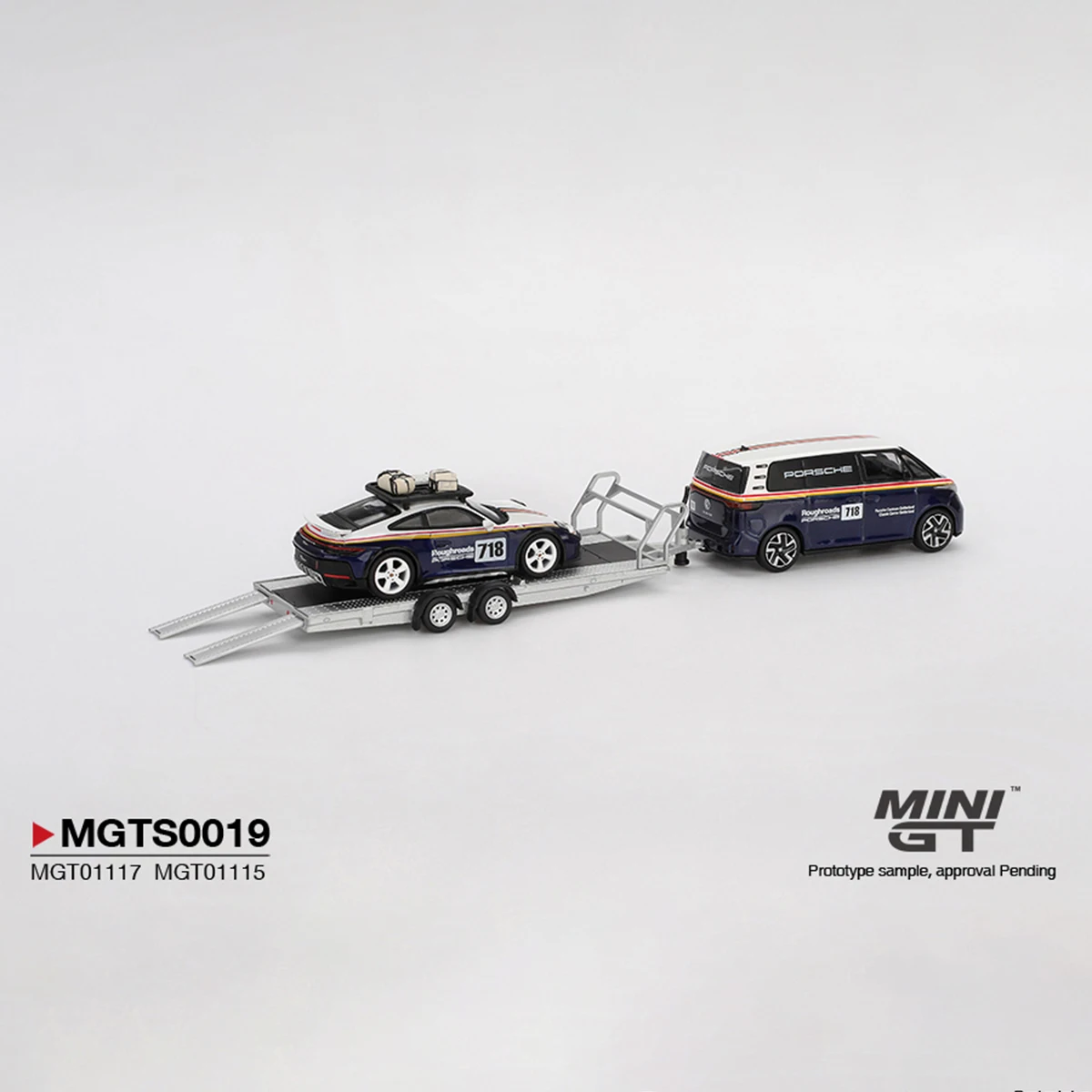 MINIGT MGTS0019 1:64 Roughroads Porsche Rally Set ID.Buzz + 911 + Trailer Limited Luxury Acrylic Display Edition Diecast Model image 5
