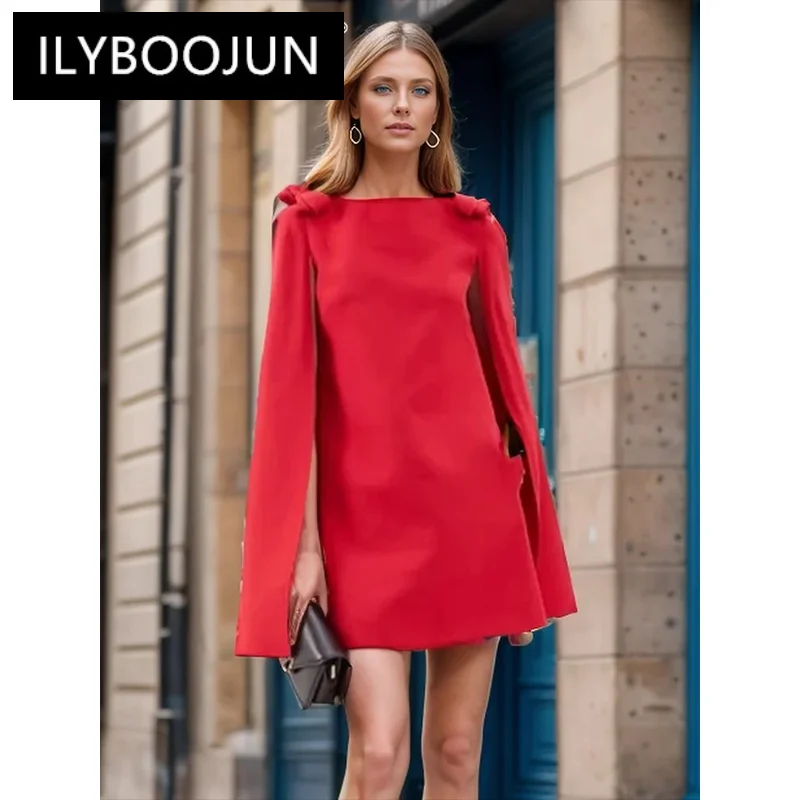 

ILYBOOJUN Solid Chic Temperament Dresses For Women O Neck Cloak Sleeves High Waist Slimming Designer Mini Dress Female New