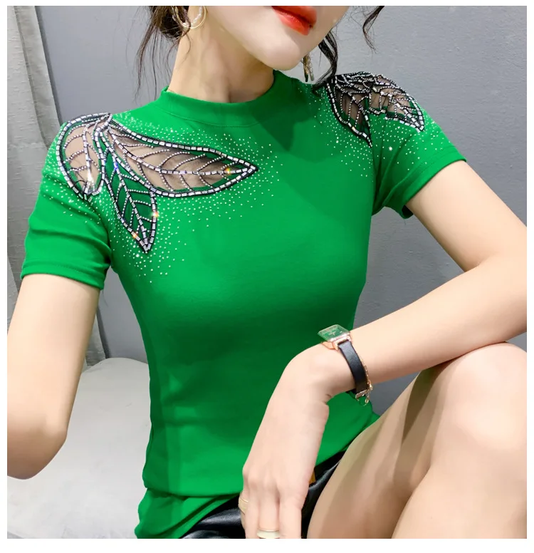 Cotton T-Shirt Chic Sexy Diamonds Hollow Out Women Tops Short Sleeve 2025 Bottoming Shirt Tees