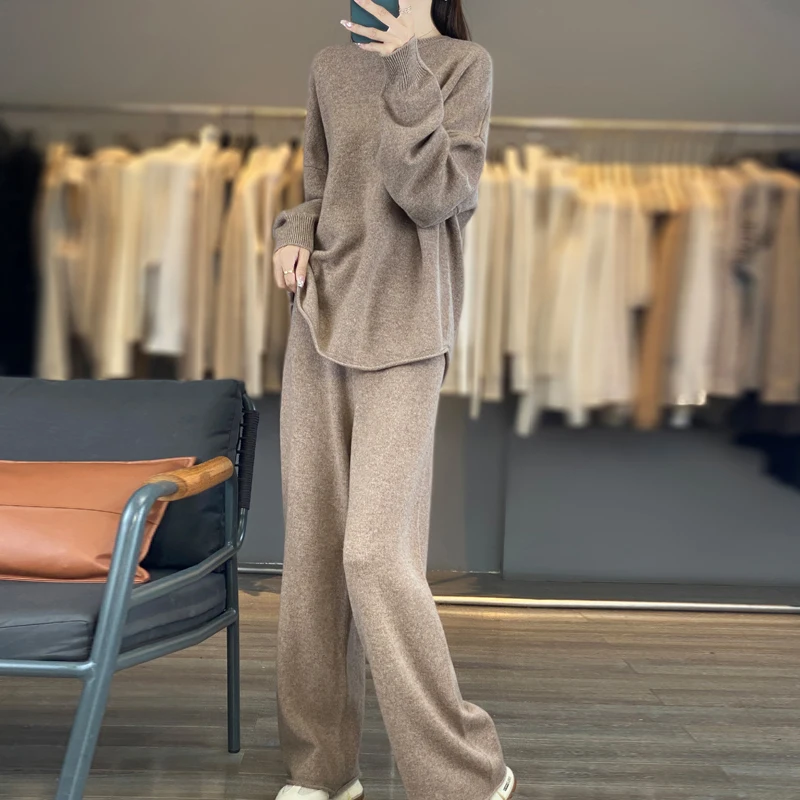 

Spring and Autumn 100% Wool Women's Set Round Neck Lazy Style Loose Knitted Fashion Sweater Wide-Leg Pants Two-Piece Set