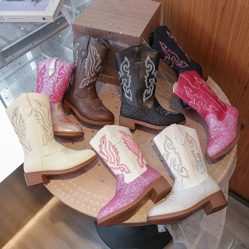 2025autumn New Girls' Ethnic Style Middle Boots Comfor Non Slip Kids Embroidered Leather Boots Simple Versatile Girls Denim Boot