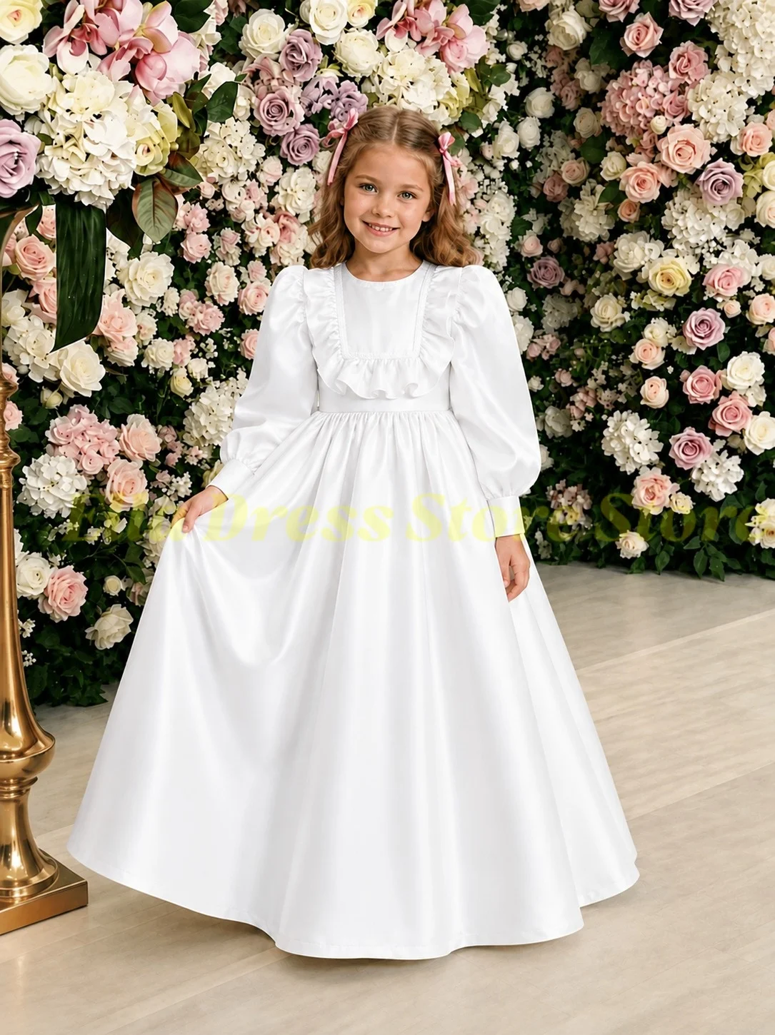 Großhandel Rosa Satin Rüschen-Blumenmädchenkleid Kleinkinder Ballonärmel Prinzessinnen-Kommunionkleid Maßgeschneidertes Hochzeits-Partykleid – Detail 3