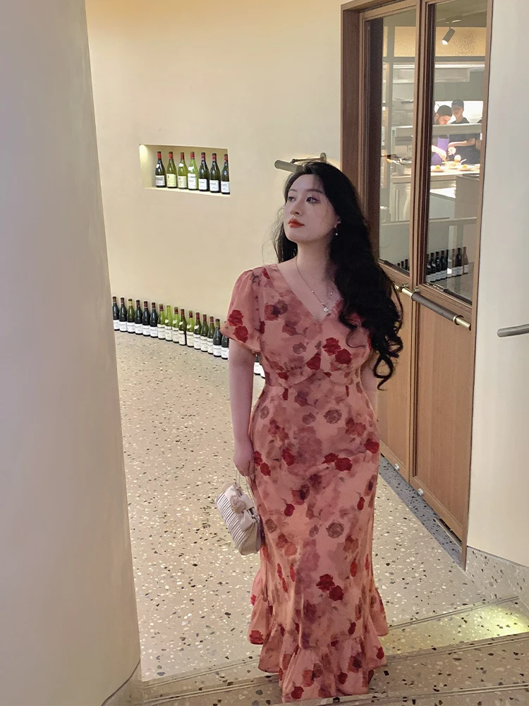 

Романтическое платье макси с принтом роз, больших размеров, женское, стройнящее, с V-образным вырезом, миди, повседневное, летнее, длинное