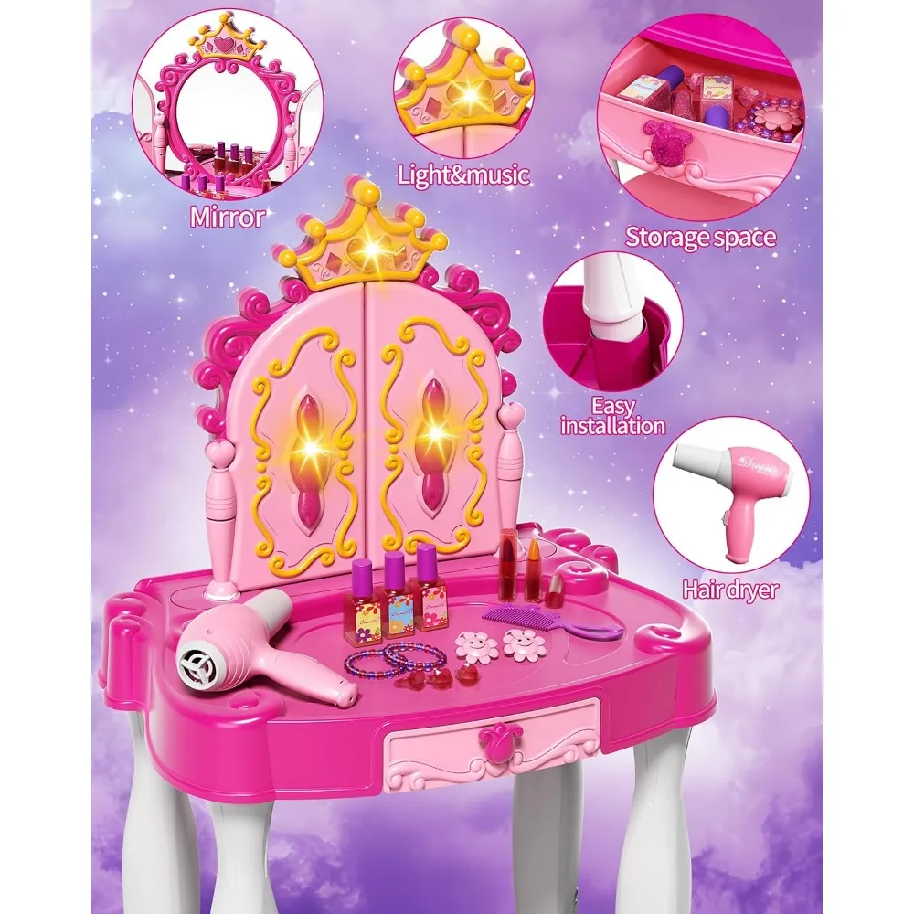 مجموعة مكياج للفتيات مع مرآة وكرسي وأضواء وموسيقى - طاولة تلبيس للأطفال الصغار من عمر 3-5 سنوات