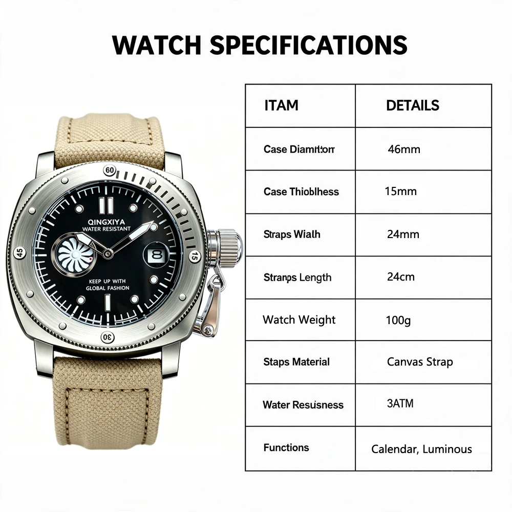 QINGXIYA Brandneue modische Quarzuhr mit zweitem Zifferblatt für Herren, hochwertiges Canvas-Armband, wasserdicht, Kalender, Sportuhren für Herren – Detail 12