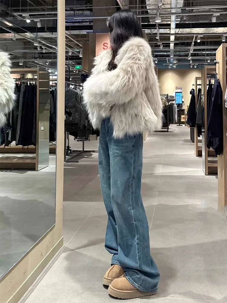 ريترو الأزرق الأمريكية عالية الخصر مستقيم الساق الجينز المرأة زائد حجم فضفاض التخسيس واسعة الساق الطابق طول السراويل #5