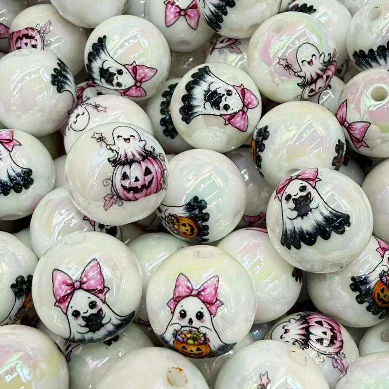 40pcs White Iridescent 16Mm Acrylic Round Ghost Printed Beads Random Mixed Pink Bow Halloween Through Hole Beads for Pen