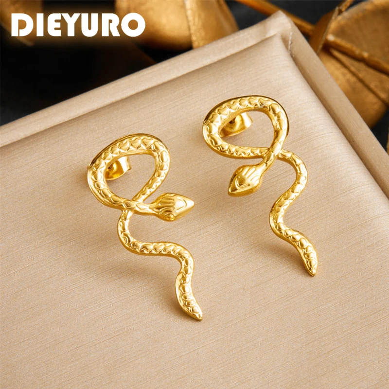 DIEYURO 316L Stainless Steel Golden Textured Intersect Snake Earrings For Women Fashion Currents New Ear Jewelry Lady Gift Party