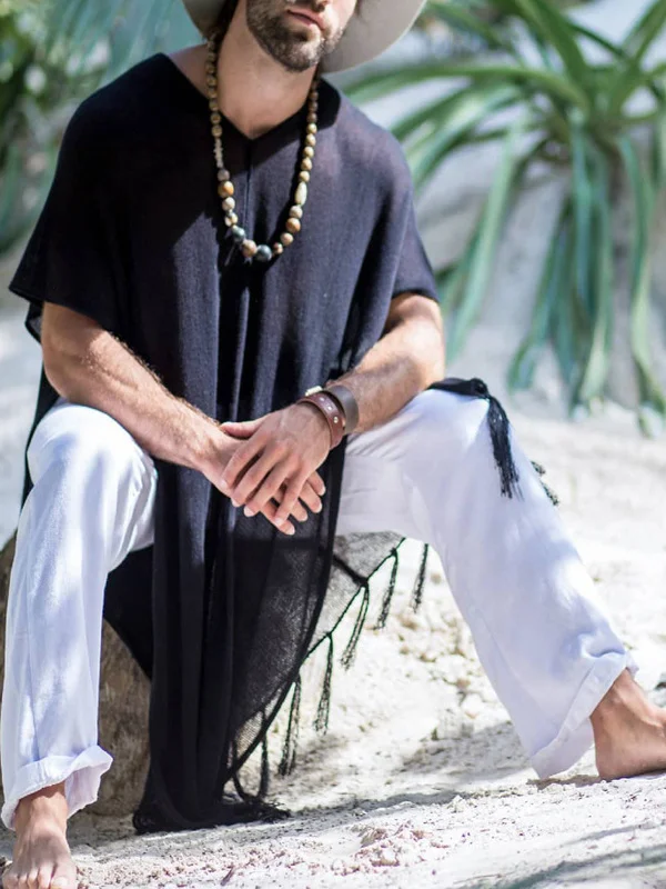 

Loose Men's Beach Casual irt Tassel Pure Color Hooded Cover up Faionable New Sle Cross-Border Clothing