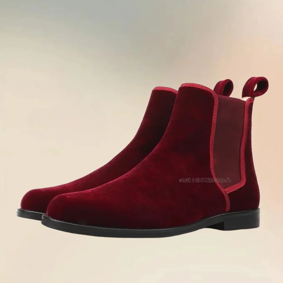 الأحمر المخملية تشيلسي الكاحل الأحذية المألوف عالية الجودة الانزلاق على حذاء رجالي رواية الراحة اليدوية المدرج الشتاء الرجال حذاء كاجوال