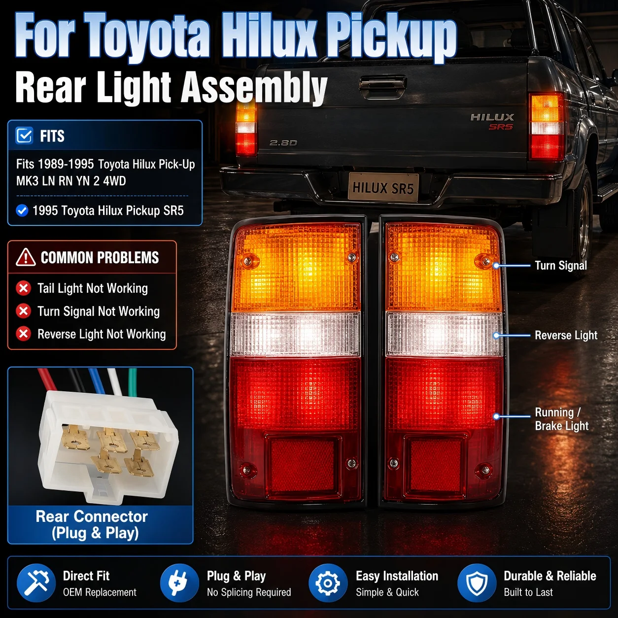 2PCS Taillight Rear Brake Tail Light For Toyota Hilux Pickup SR5 MK3 LN RN YN 2WD 4WD 1989-1995 Stop Turn Signal Car Accessories