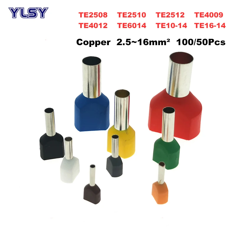 100/50Pcs Dual Wire Tube Insutated Cord End Crimp Termina TE2508~16-14 Electric Double Terminal Cable Copper Ferrules 2.5~16mm²