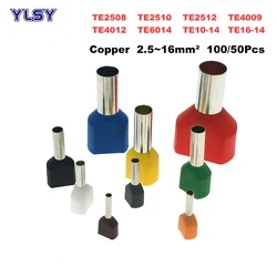 100/50Pcs Dual Wire Tube Insutated Cord End Crimp Termina TE2508~16-14 Electric Double Terminal Cable Copper Ferrules 2.5~16mm²