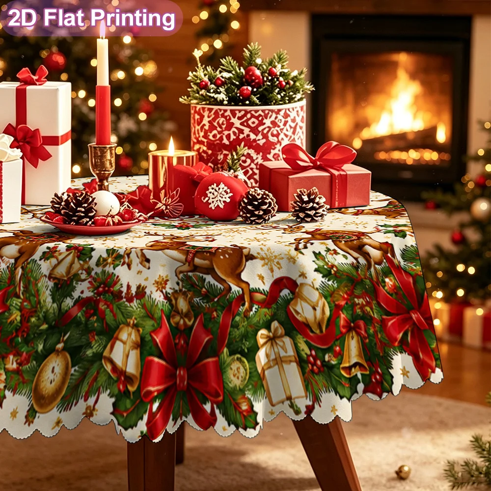 2D flat single tablecloth, colorful Christmas reindeer wreath plate artwork, rustic Mediterranean style round tablecloth