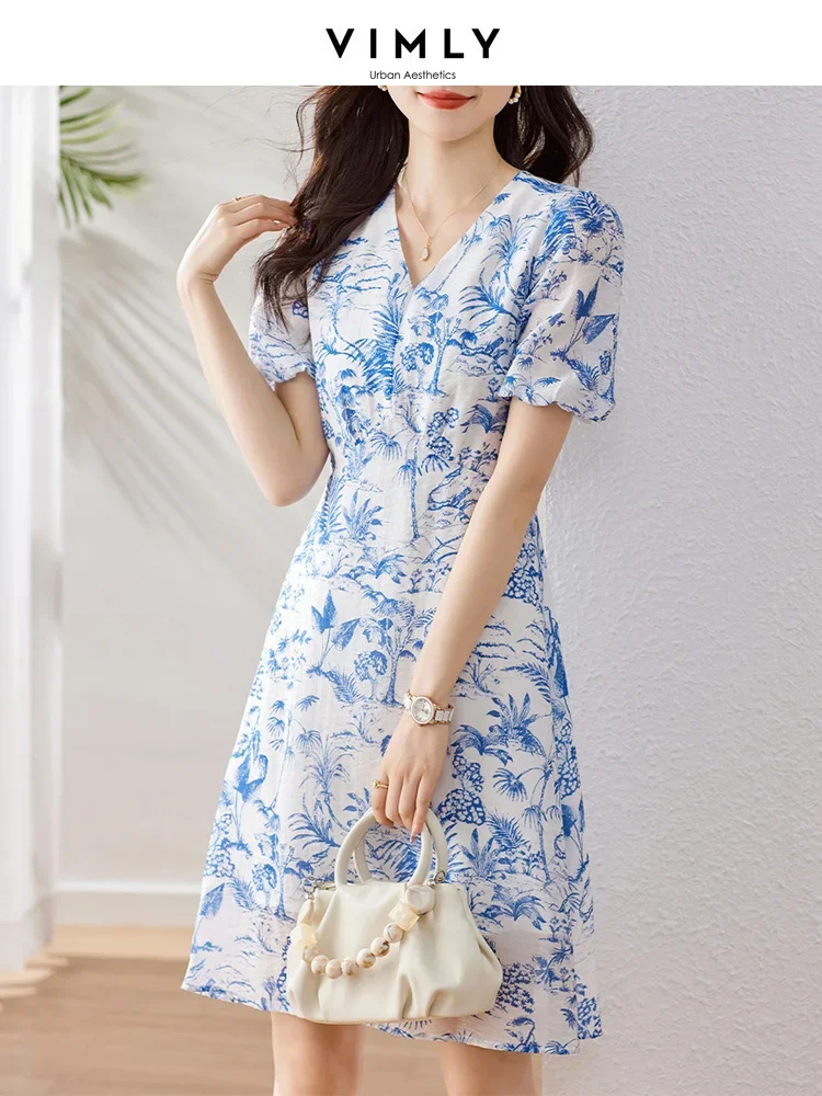 Vimly Lyocell Blend Blue Print Summer Dress for Women 2023 Short Puff Sleeve V Neck Holiday Chic Dress Female Vestidos V9530