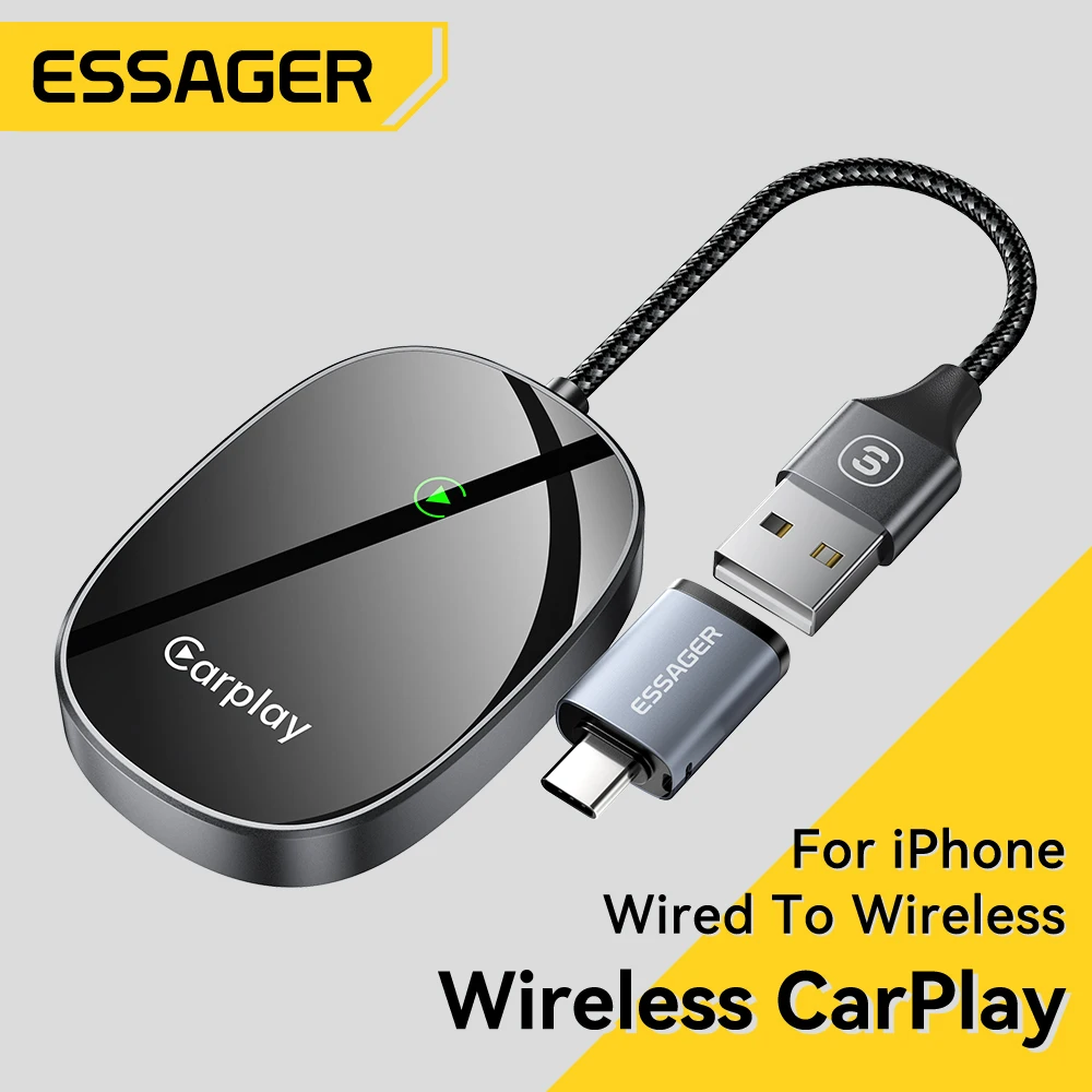 Essager Wireless Carplay 5G Bluetooth Wired TO Wireless Plug Play WiFi Online Update CarPlay Adapter for iPhone15 14 Xr max