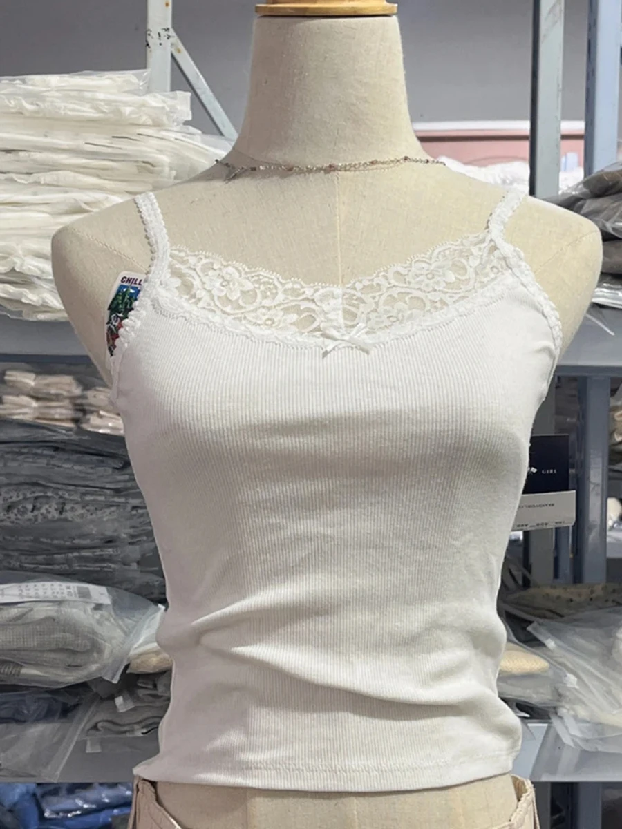 

Cute Solid Lace Trim Camisole Women Summer Cotton Ribbed Casual Sleeveless Vests Female Camisole Vintage Sweet Chic Y2K Crop Top