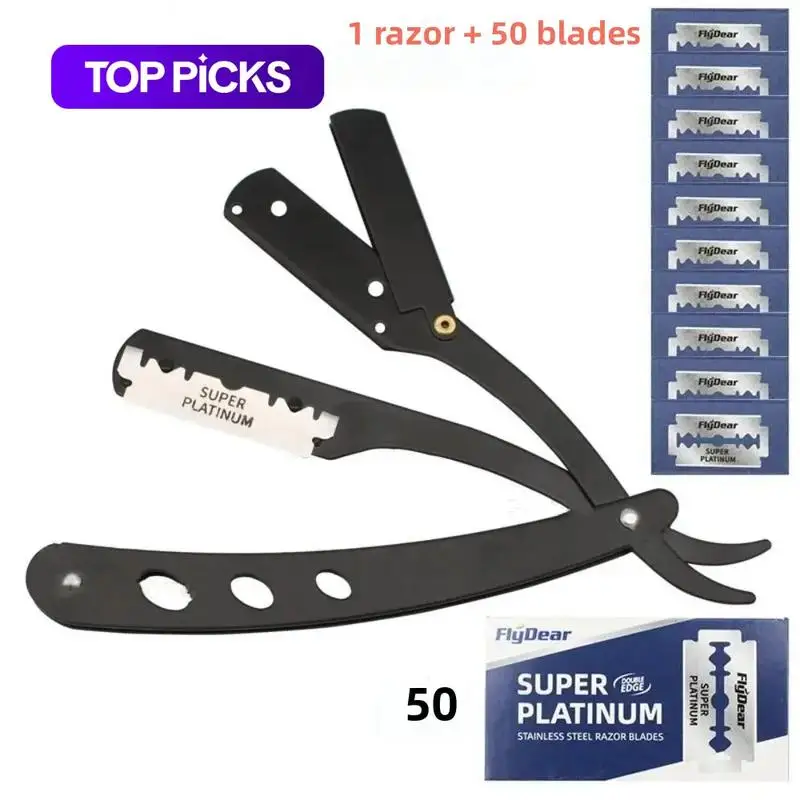 Men's Manual Shaving Razor Set with 50 Stainless Steel Replacement Blades, Manual Shaving Kit, Professional Beard Shaving Tool,