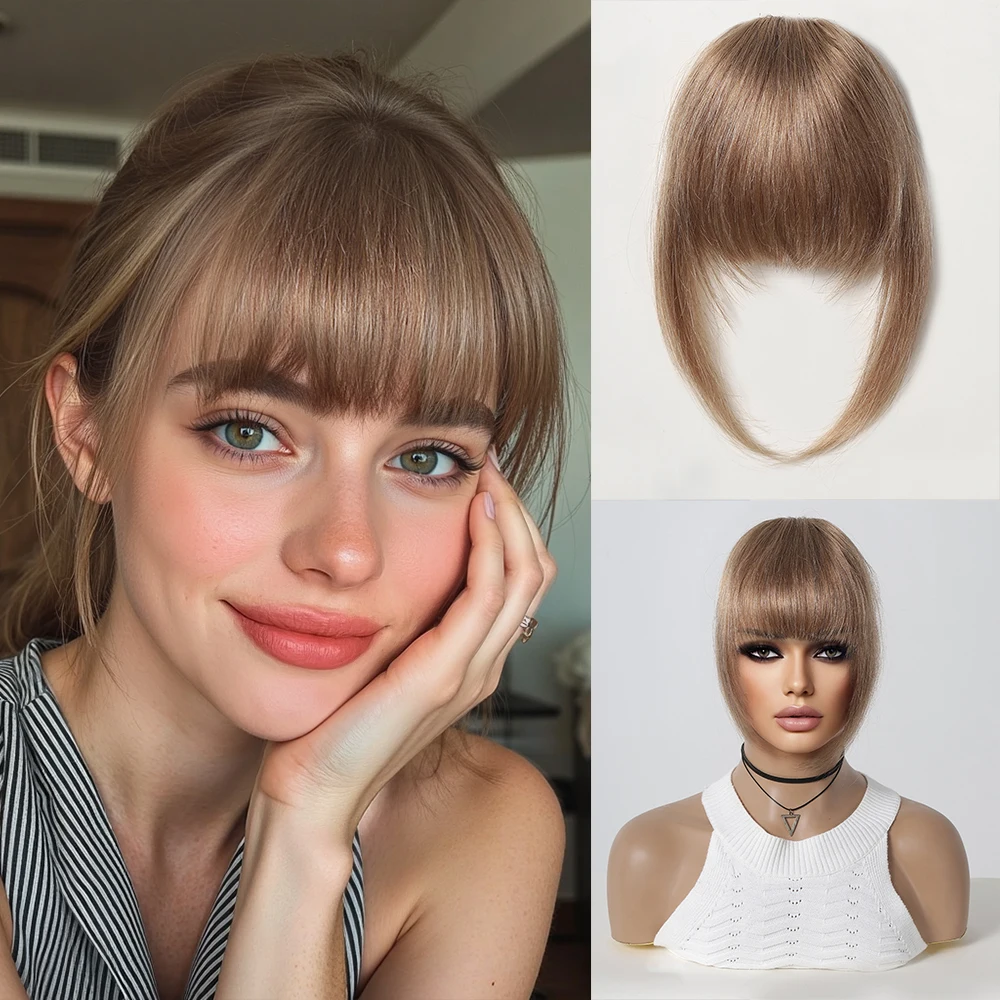 Clip in Bangs 100% Human Hair Bangs French Natural Blonde Brown Fake Hair Bangs with Temples Clip on Fringe Hairpieces for Women