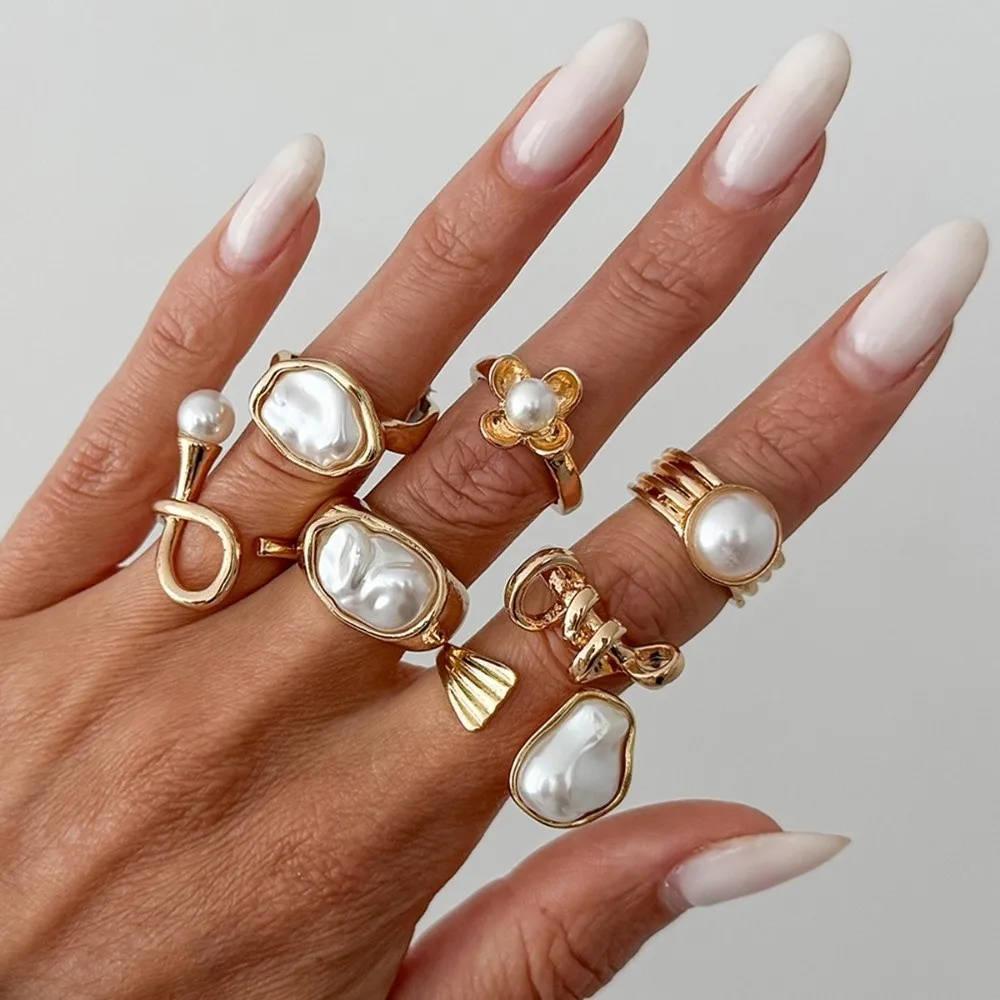 Ring Set Baroque Imitate Pearl Geometric Mold Flower Outline Ins Sweet Cool Tone Finger Jewelry For Daily Street Shoot Match