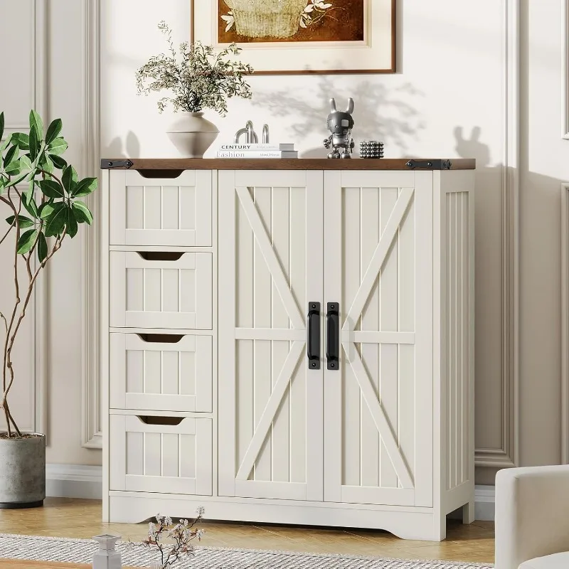 خزانة حمام المزرعة، خزانة تخزين قائمة بذاتها مع 4 أدراج وبابين، منظم تخزين ريفي مع أدوات