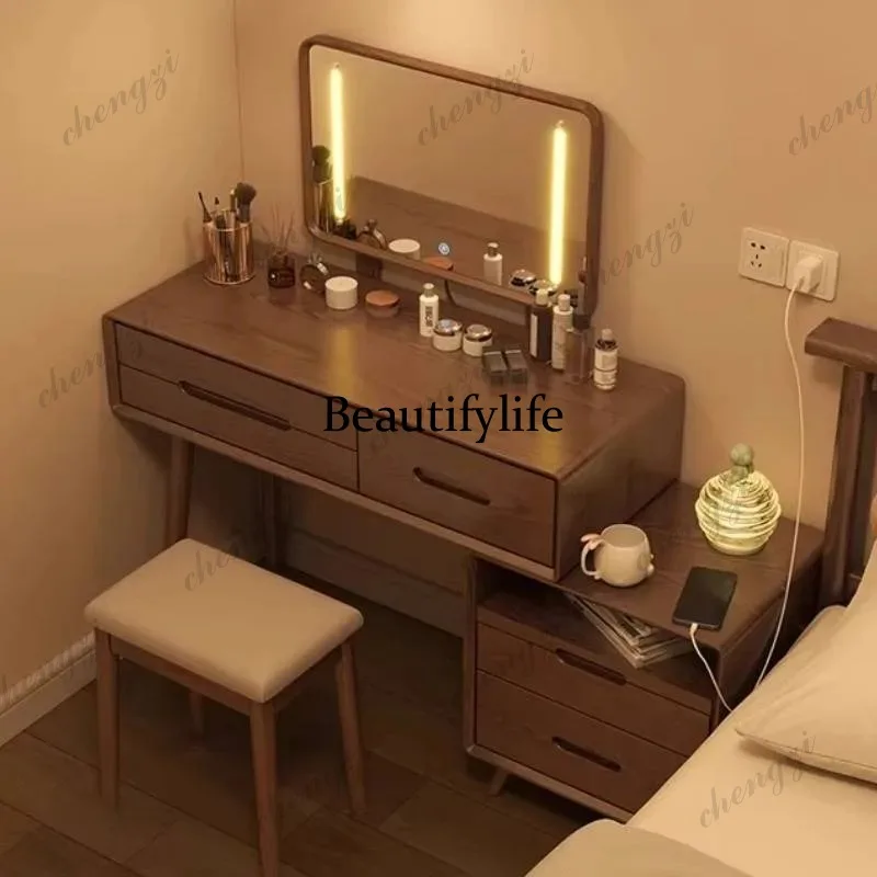 ZZZ Simple Stool Vanity Table Vintage Brown Bedside Mirror Makeup Vanity Table Home Hotel Modern Wood Schminktisch