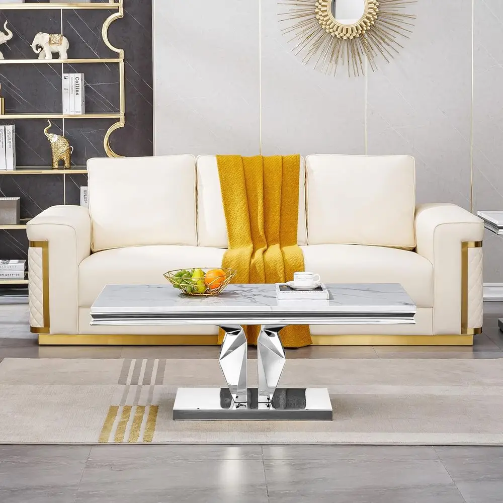 طاولة قهوة أنيقة من الرخام الصناعي الأبيض 47 مع قاعدة مرآة فضية، مثالية لغرفة المعيشة والشقق