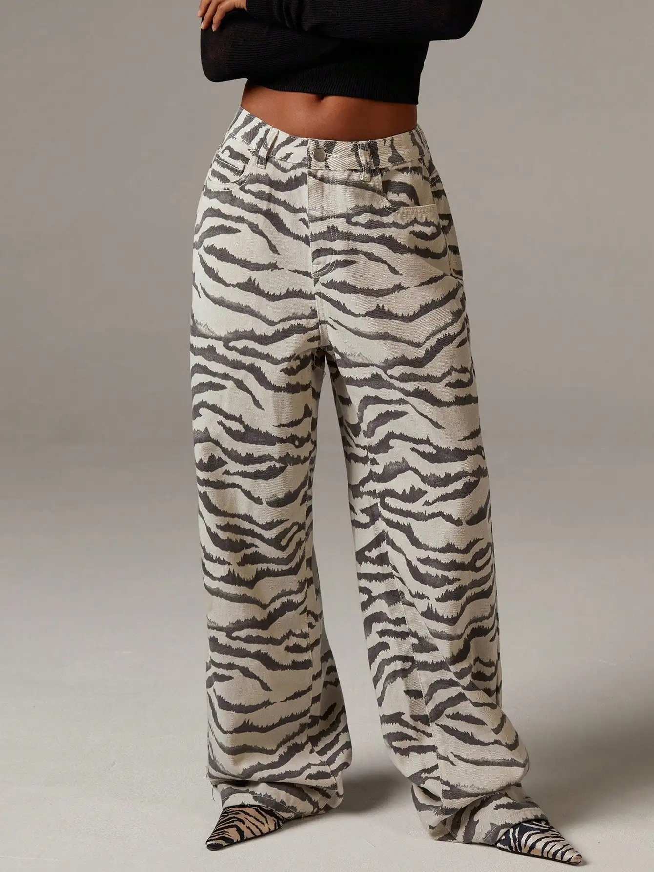 

Женские джинсы с низкой посадкой и широкими штанинами с принтом зебры, повседневный винтажный стиль для осени