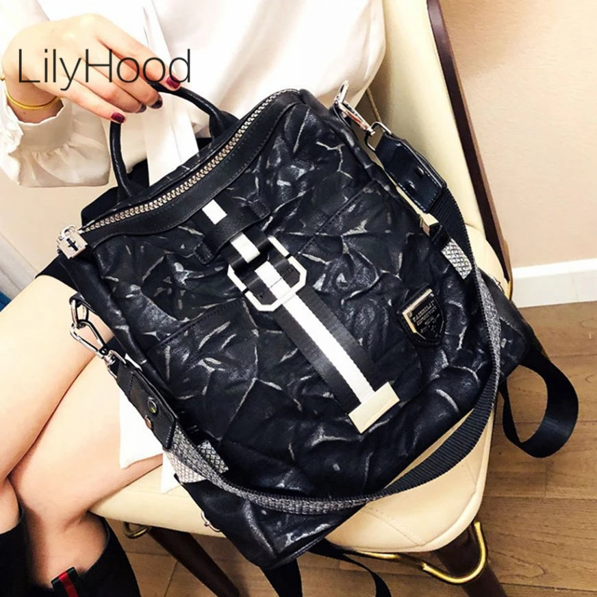 

Female Vintage Stylish Pleated Big Capacity Quality Vegan Leather Backpack Gothic Travel Laptop Book Commuter Black Daypack Bag