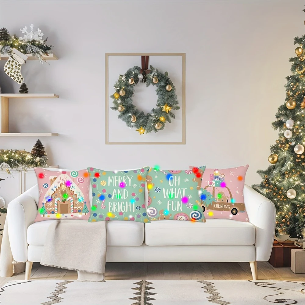 Cute Gingerbread Man LED Light-up Pillowcase Holiday Party Supplies Super Soft Skin-friendly Pillowcase Christmas Decoration