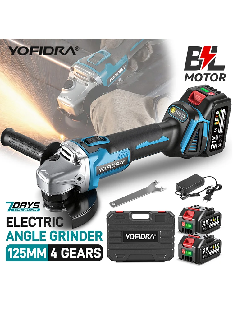 YOFIDRA 125 mm 4 Gänge bürstenloser elektrischer Winkelschleifer Metall Holz Schleifen Polieren Schneiden Elektrowerkzeug für Makita Akku Pin