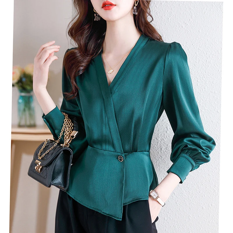 2024 New Autumn Office Lady Chiffon Blouse Female Shirt For Women V-Neck Long Sleeve Casual Slim Blouses Blusas Mujer De Moda