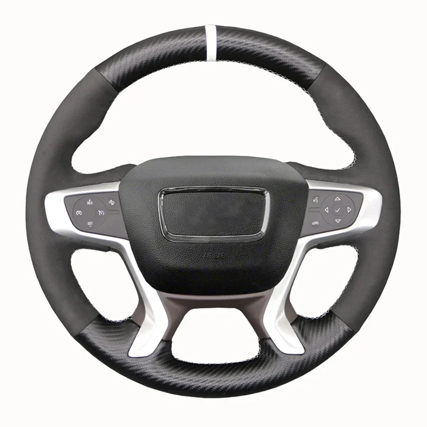 Black Faux Carbon Fiber Suede Car Steering Wheel Cover For GMC Acadia 2017-2023 Canyon 2015-2022 Terrain 2018-2024