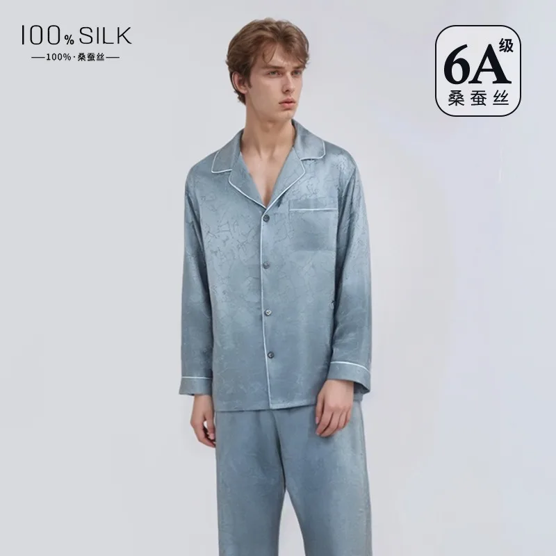 19mm Heavy Mulberry Silk Men's Pajamas Autumn Winter Long Sleeve Long Pants 2PCS Lounge Wear Set with Trousers Homewear
