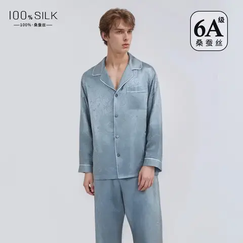 19mm Heavy Mulberry Silk Men's Pajamas Autumn Winter Long Sleeve Long Pants 2PCS Lounge Wear Set with Trousers Homewear