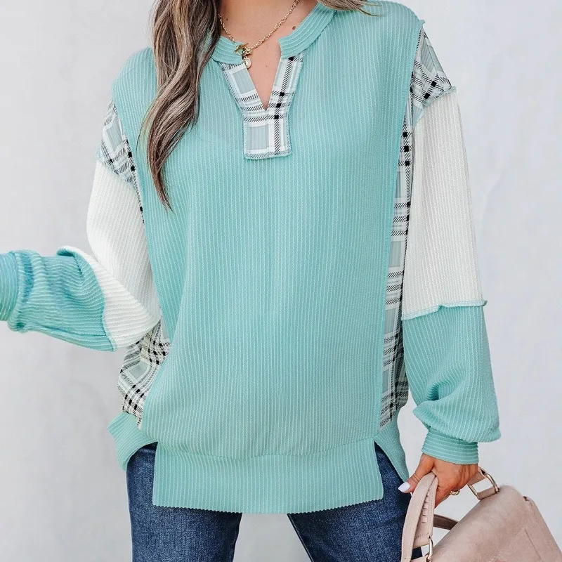 

2025 Autumn Fashion Patchwork Loose Casual Pullovers Women V Neck Full Sleeve Versatile Multi Colors Sweatshirts Street Hoodies