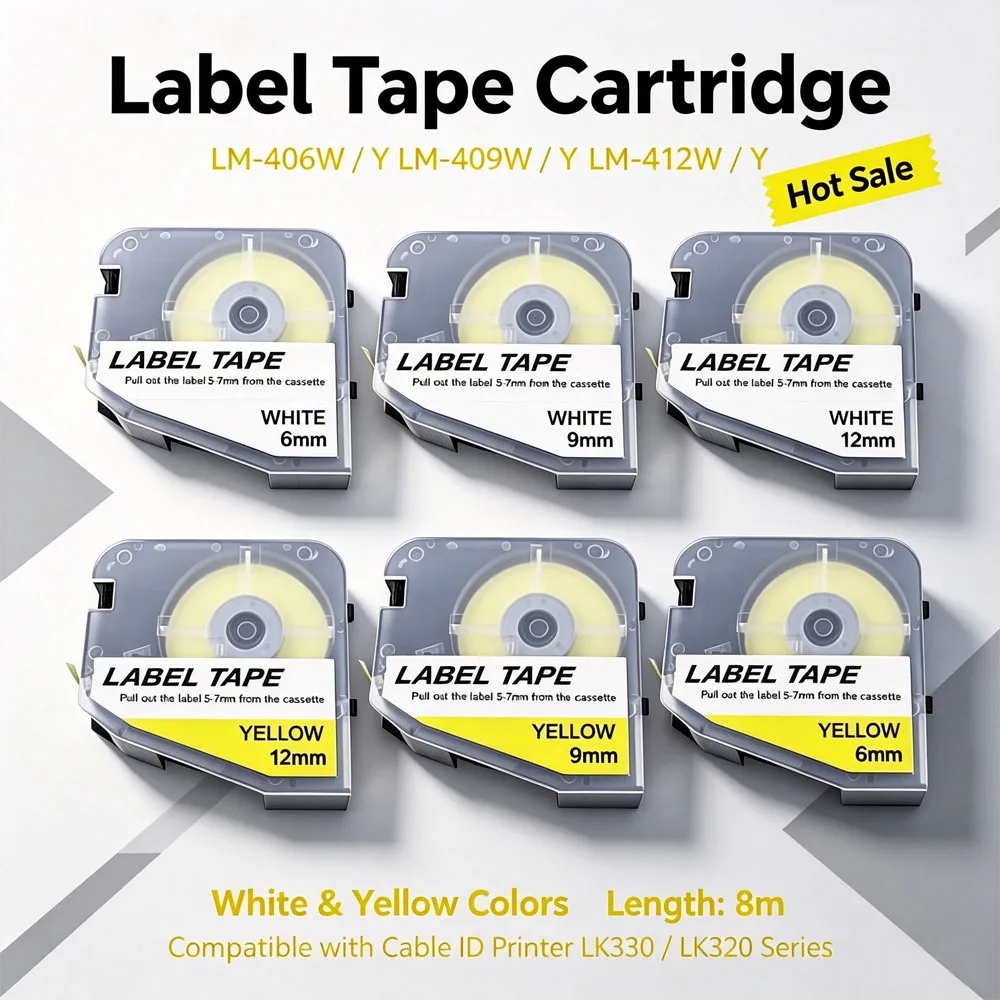 Label Tape 6mm/9mm/12mm×8m White Yellow For LK330 LK320 Cable ID Printer Electrical Wire Harness Distribution Cabinet Marking