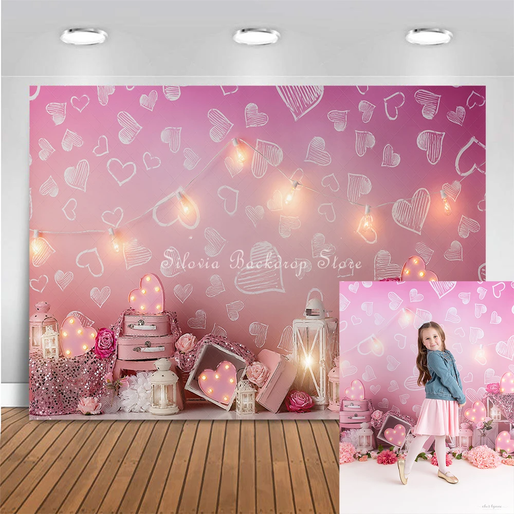 Pink Heart Sparkle Wall Photography Backdrop Girls Birthday Cake Smash Photo Background Cloth Kids Portrait Photo Studio Props