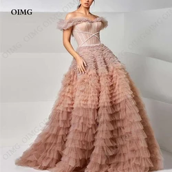 OIMG Princess Dusty Pink Long Evening Dresses Off Shoulder Tiered Sweetheart Beauty Party Dress Prom Ball Gowns 2023 Vestidos