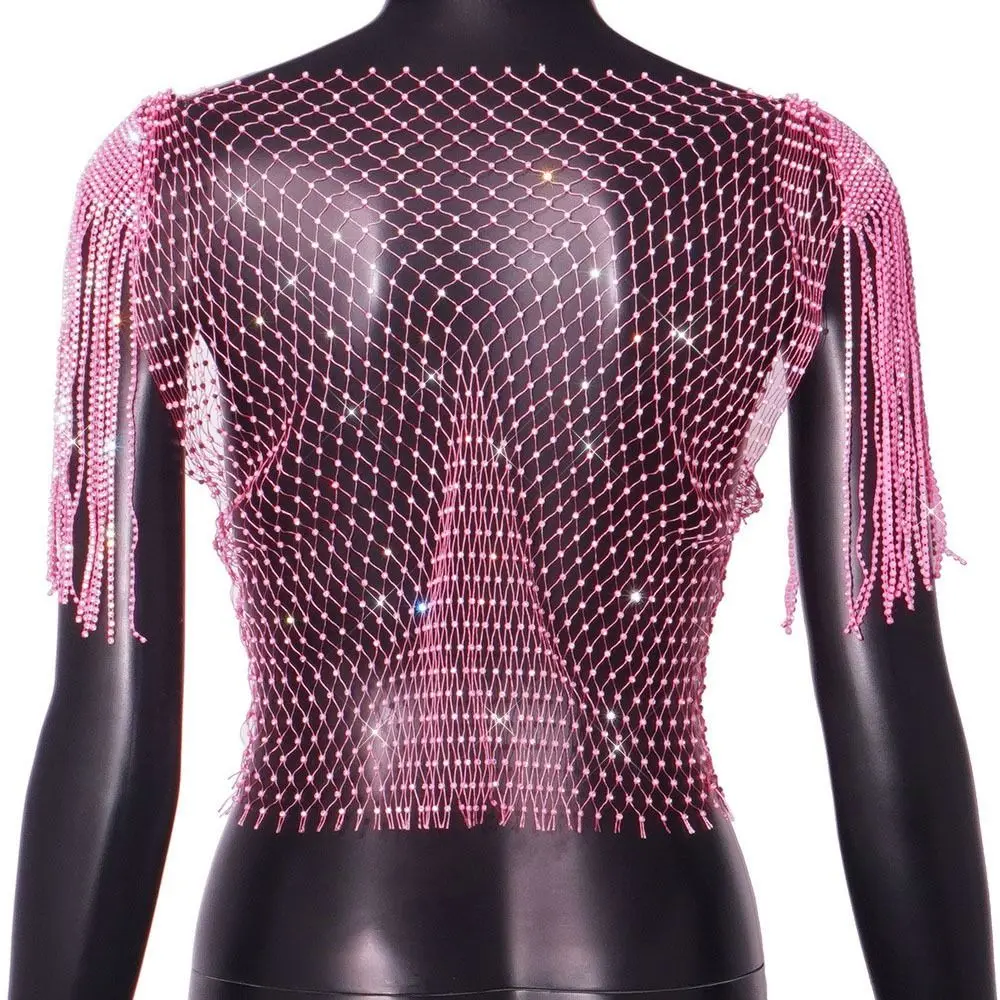 with Tassel Shawl Fishnet Glitter Top Mesh Sex Appeal Rhinestone Fishnet Cover Ups Mesh Drill Vest
