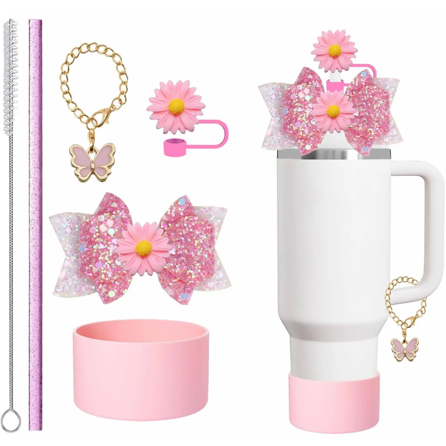 For Stanley Sleeve Straws Glitter Bow Decor Butterfly Chain Combo Set - Reusable Drinkware Accessory Set