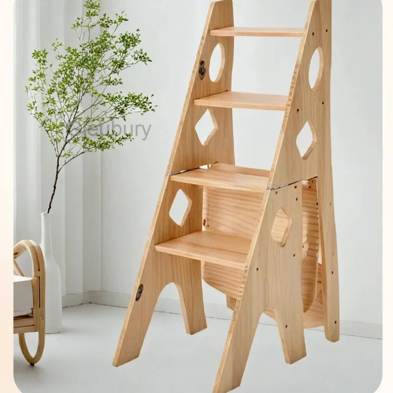 Wooden Folding Ladder Chair 2-in-1 Design, Ladder Chair for Home Climbing, Shoe Changing Stool,four Layer Wooden Foot Step Stool